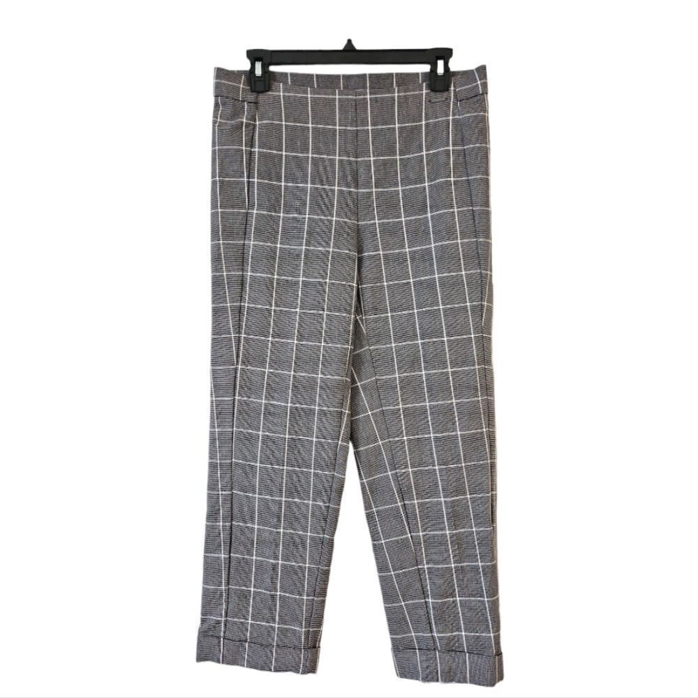Anne Klein Women's Gray White Plaid Straight Leg Pull On Ankle Trousers Pants M